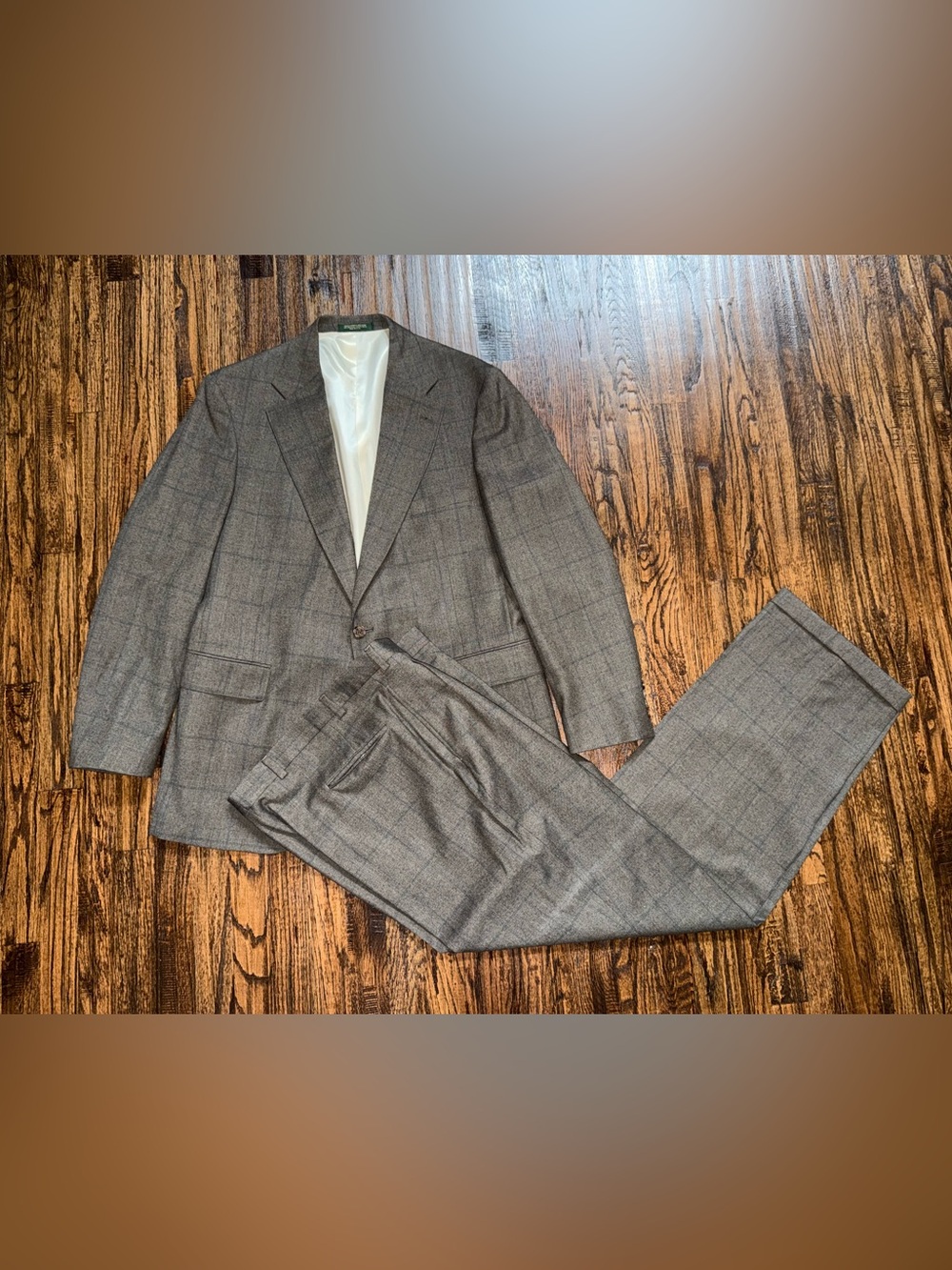 IZOD Tailored Vintage 90s Beige Grey 2pc Suit Jacket & Pant Set ~44L / 36x32